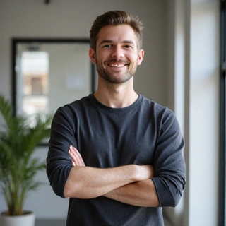 A confident portrait of a male nutritionist with an approachable demeanor, wearing a smart casual outfit in a modern clinic environment.