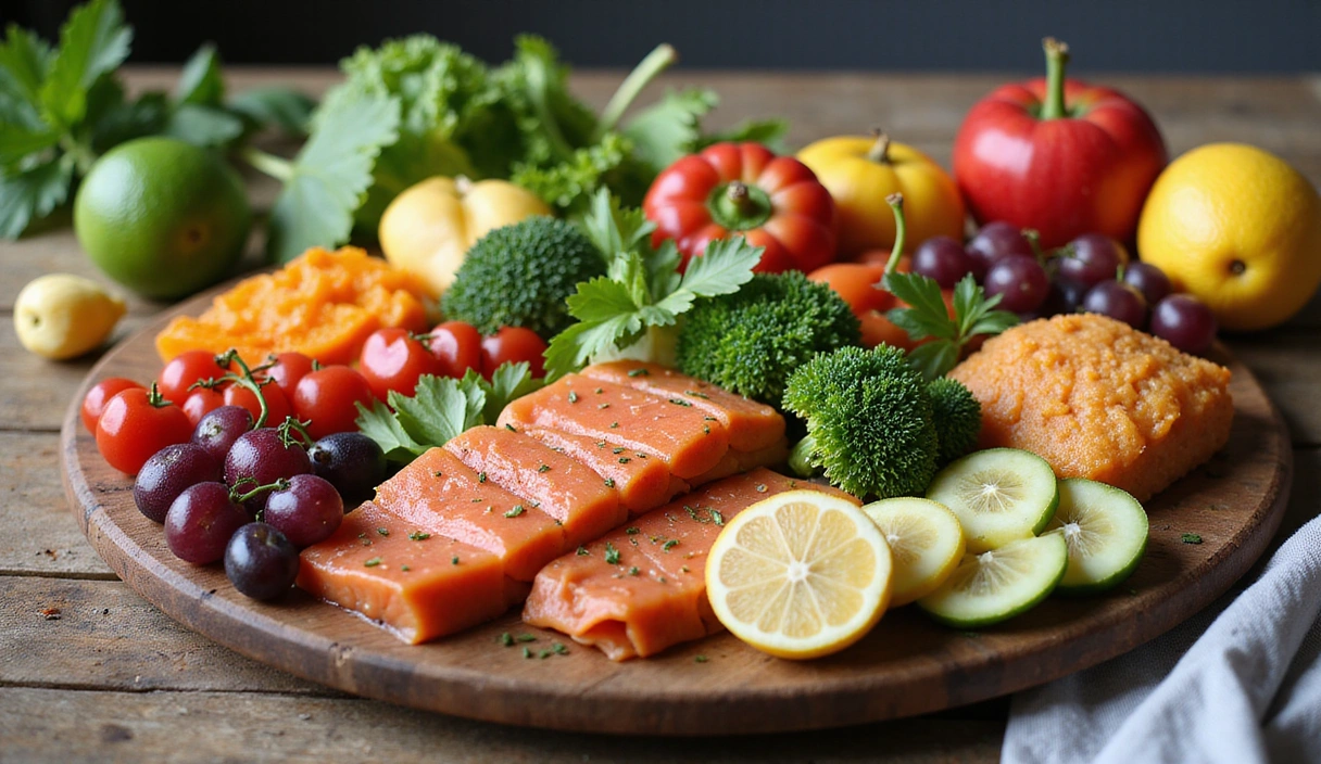 A vibrant, healthy food spread including fresh fruits, vegetables, and lean protein, arranged aesthetically on a rustic wooden table, with soft natural light illuminating the scene.