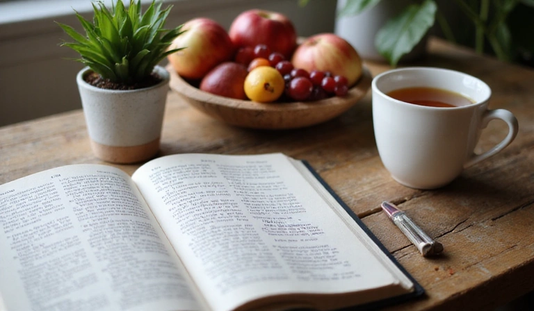 A person reading a book on a desk with healthy food and a plant, symbolizing learning and healthy living.
