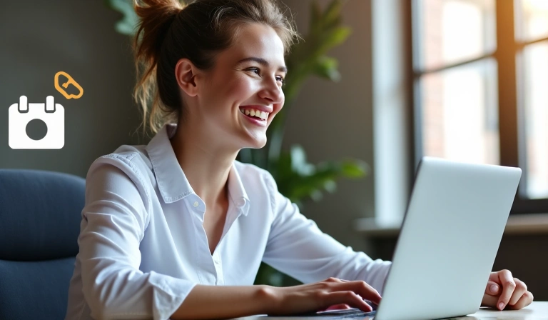 A person smiling and enthusiastically using a laptop for an online meeting, with a calendar icon overlay, symbolizing online consultation and scheduling.