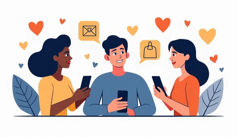 Illustration of people communicating through various devices, symbolizing connection and support