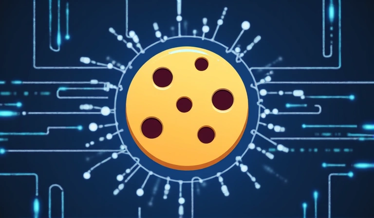 Illustration of a cookie icon and digital data flow