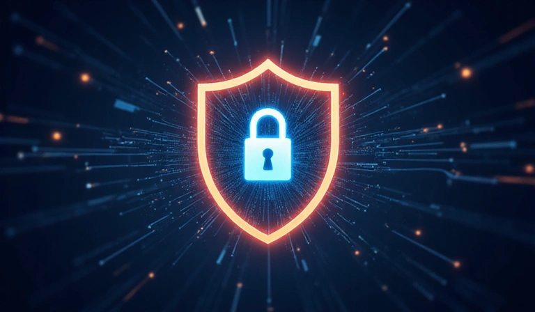 A digital lock icon surrounded by a shield, representing robust data security measures.
