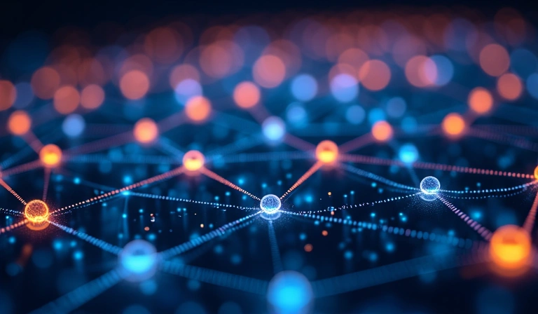 A network of interconnected digital nodes, symbolizing data sharing and digital privacy concerns.