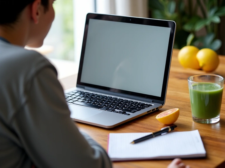 A person attending an online nutrition webinar on a laptop, with healthy food and a notebook nearby, symbolizing remote learning.
