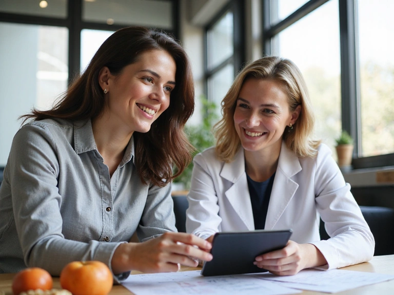 A dietitian and a client engaged in a friendly and professional discussion about a personalized nutrition plan, with charts and healthy food items on the table.