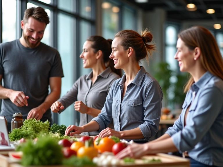 A diverse group of smiling employees participating in a corporate wellness activity, possibly a healthy cooking class or a group exercise session.