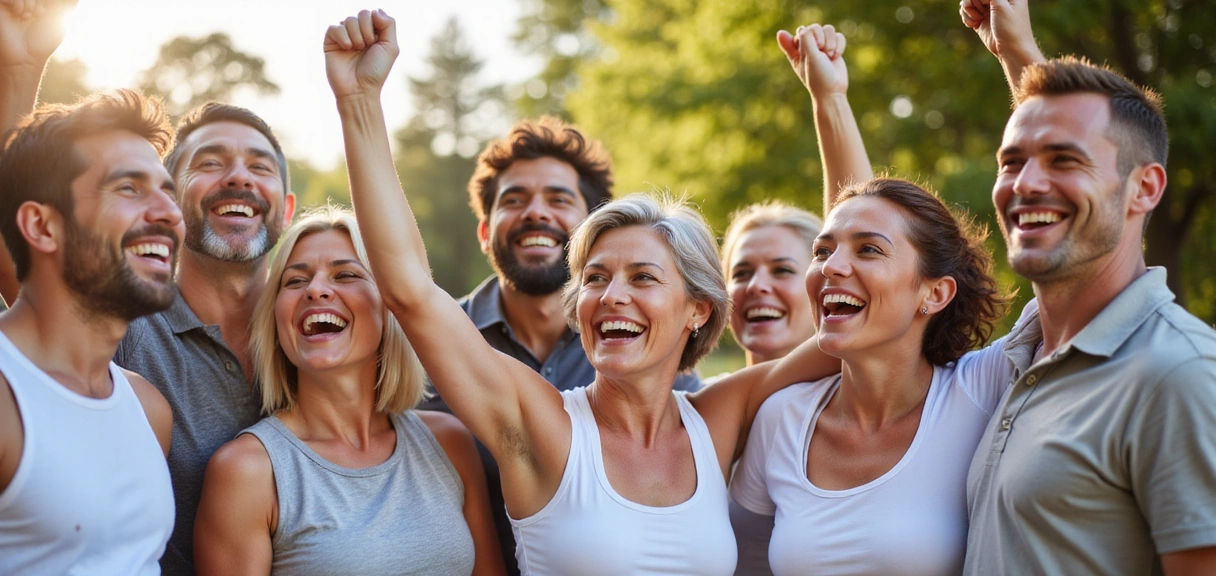 Group of healthy, smiling people celebrating their health journey